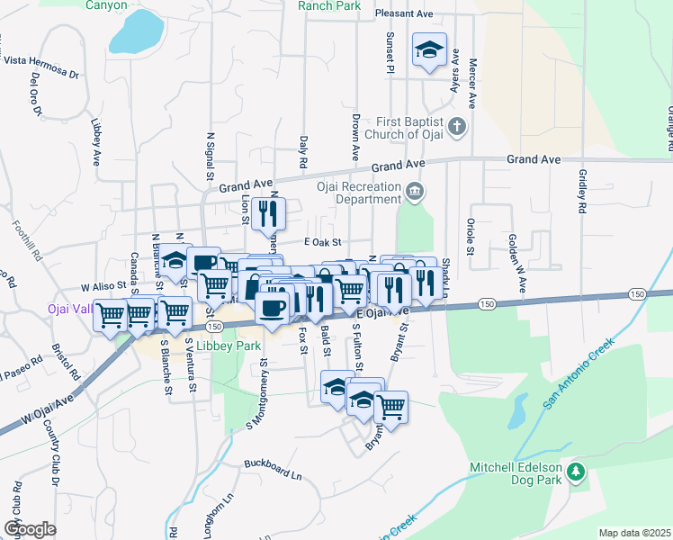 map of restaurants, bars, coffee shops, grocery stores, and more near in Ojai