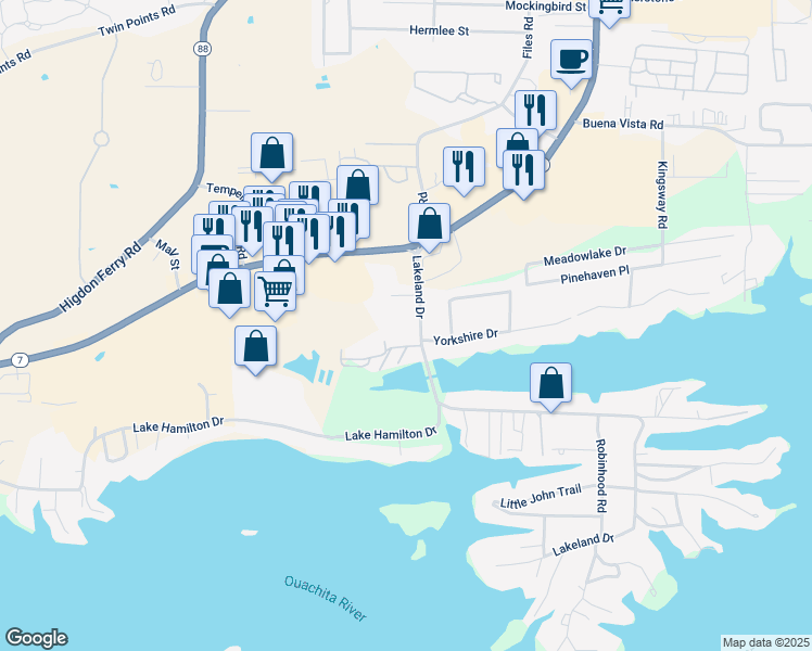 map of restaurants, bars, coffee shops, grocery stores, and more near 130 Lakeland Drive in Hot Springs