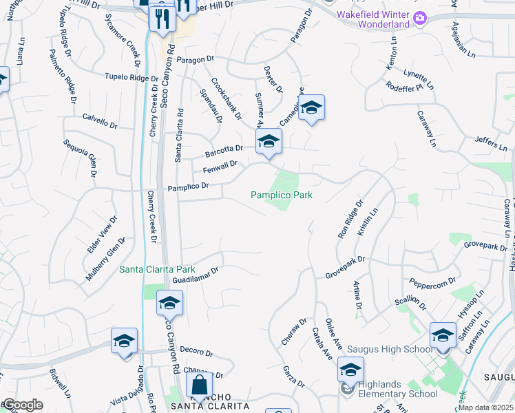 map of restaurants, bars, coffee shops, grocery stores, and more near 22500 Pamplico Drive in Santa Clarita