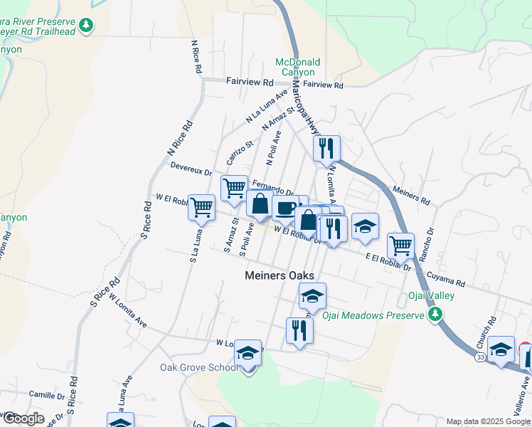 map of restaurants, bars, coffee shops, grocery stores, and more near 125 North Alvarado Street in Ojai