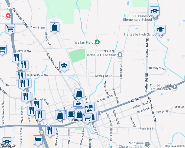map of restaurants, bars, coffee shops, grocery stores, and more near 696 Mountainview Road Northeast in Hartselle