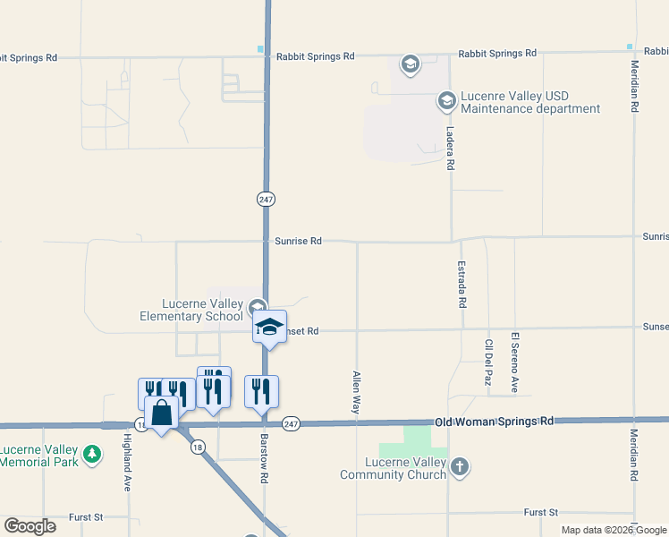 map of restaurants, bars, coffee shops, grocery stores, and more near 10860 Allen Way in Lucerne Valley