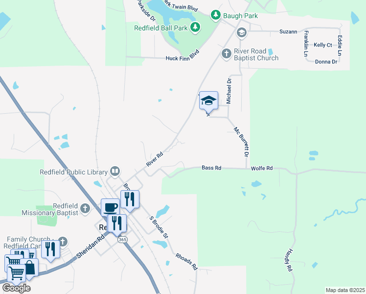 map of restaurants, bars, coffee shops, grocery stores, and more near 405 River Road in Redfield