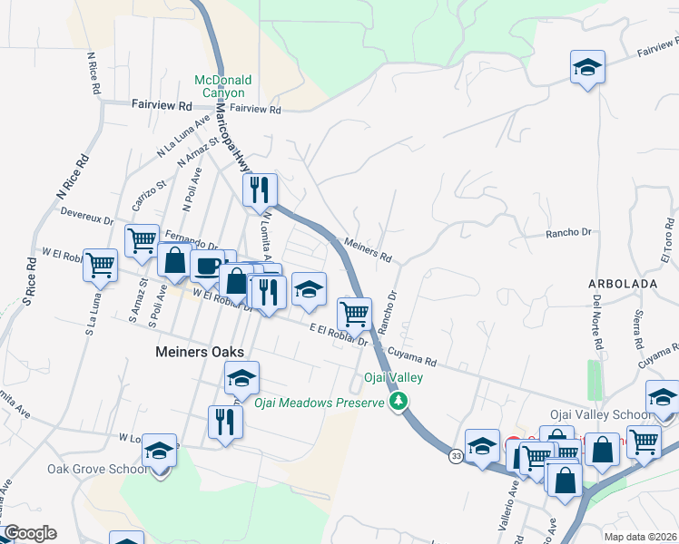 map of restaurants, bars, coffee shops, grocery stores, and more near 1885 Maricopa Highway in Ojai