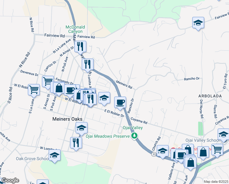 map of restaurants, bars, coffee shops, grocery stores, and more near 1885 Maricopa Highway in Ojai