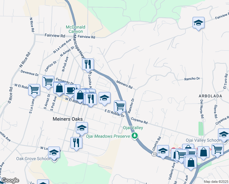 map of restaurants, bars, coffee shops, grocery stores, and more near 1885 Maricopa Highway in Ojai