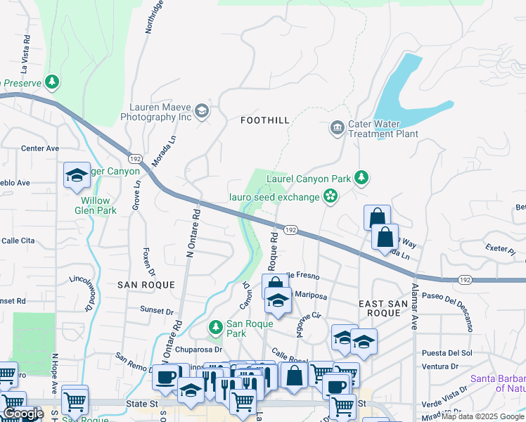 map of restaurants, bars, coffee shops, grocery stores, and more near Franklin Park Trail in Santa Barbara