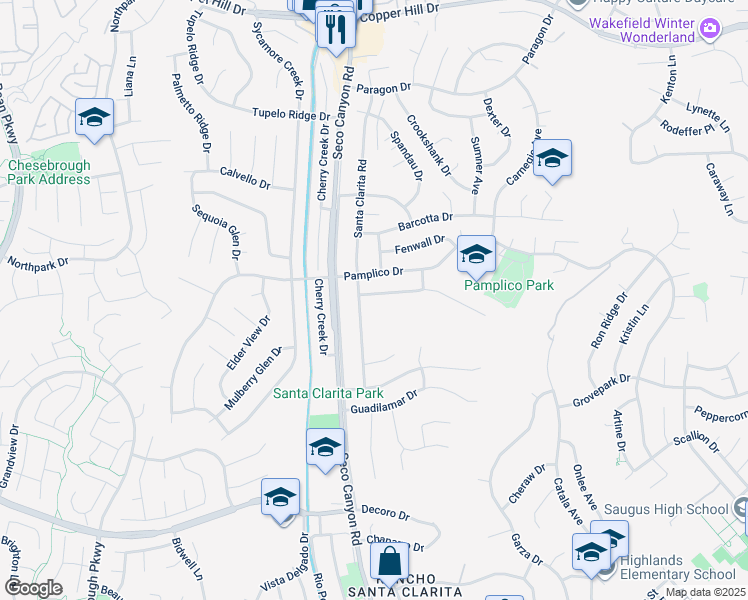 map of restaurants, bars, coffee shops, grocery stores, and more near 22660 La Rochelle Drive in Santa Clarita