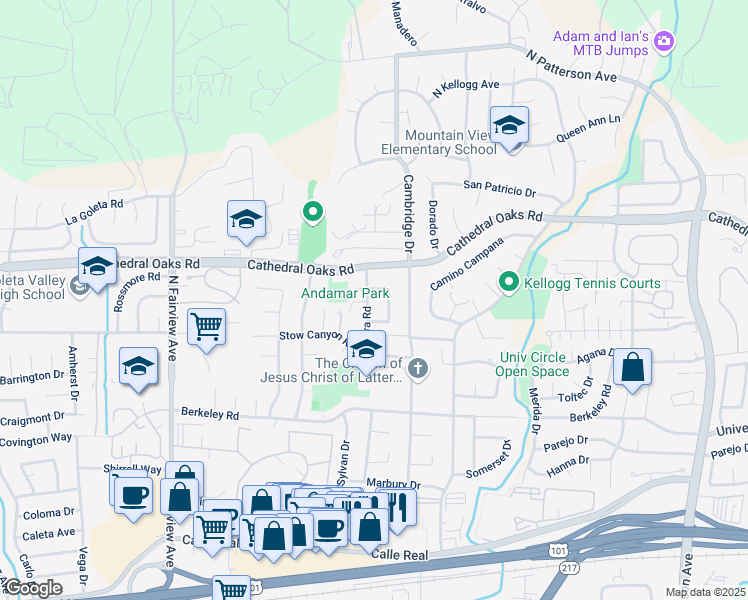 map of restaurants, bars, coffee shops, grocery stores, and more near 664 Andamar Way in Goleta