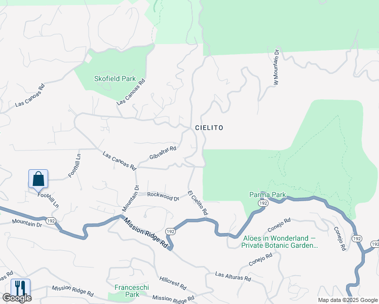 map of restaurants, bars, coffee shops, grocery stores, and more near 275 El Cielito Road in Santa Barbara