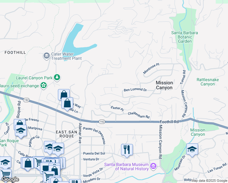map of restaurants, bars, coffee shops, grocery stores, and more near 2919 Arriba Way in Santa Barbara