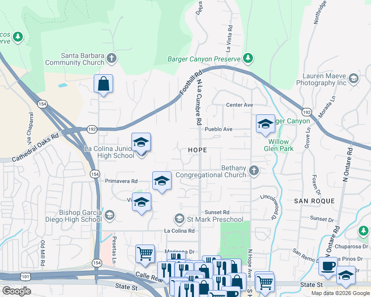map of restaurants, bars, coffee shops, grocery stores, and more near 3936 Harrold Avenue in Santa Barbara