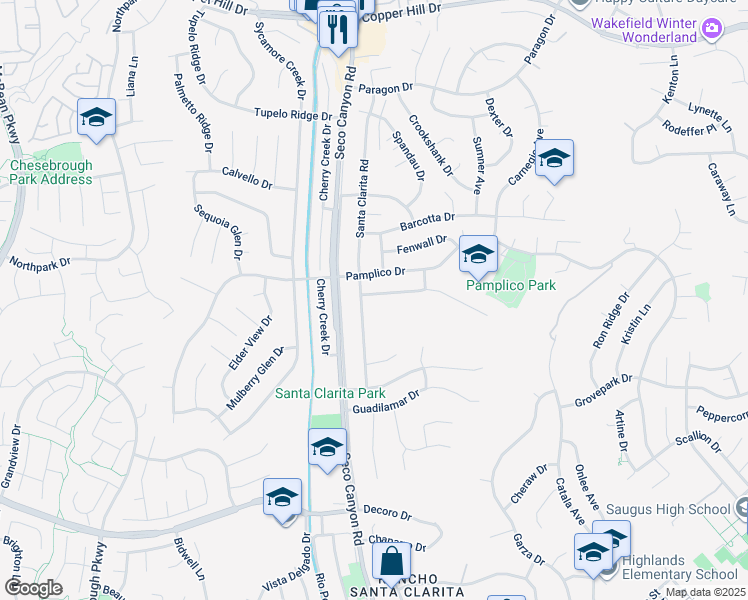 map of restaurants, bars, coffee shops, grocery stores, and more near 22660 La Rochelle Drive in Santa Clarita