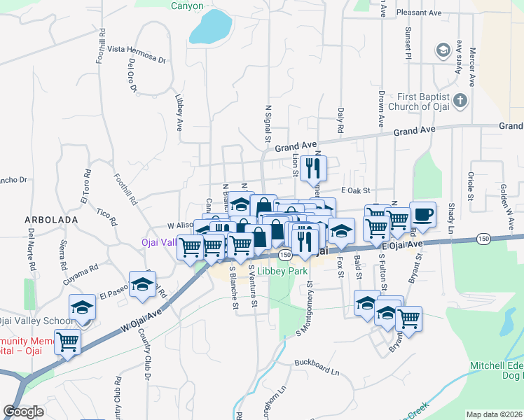 map of restaurants, bars, coffee shops, grocery stores, and more near 305 North Signal Street in Ojai
