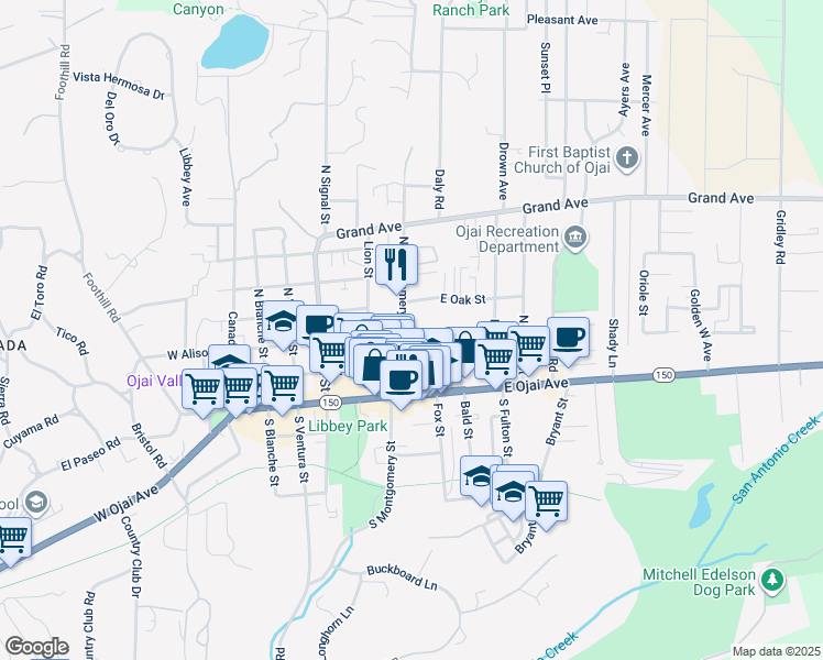 map of restaurants, bars, coffee shops, grocery stores, and more near 302 North Montgomery Street in Ojai