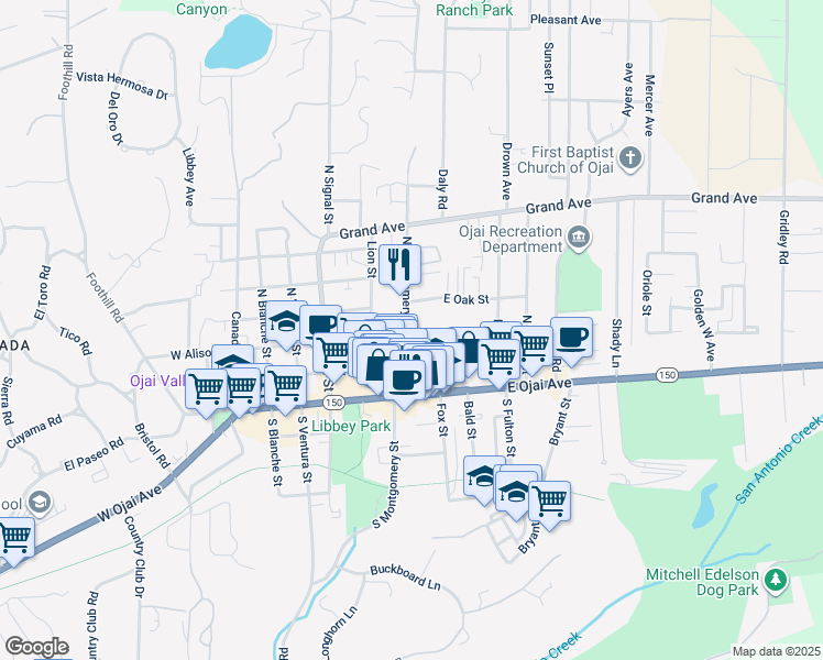map of restaurants, bars, coffee shops, grocery stores, and more near 302 North Montgomery Street in Ojai