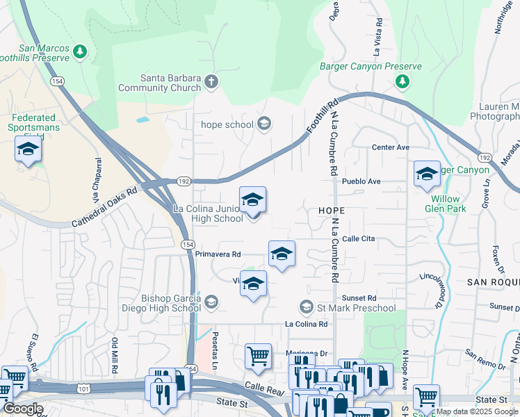 map of restaurants, bars, coffee shops, grocery stores, and more near 4025 Foothill Road in Santa Barbara