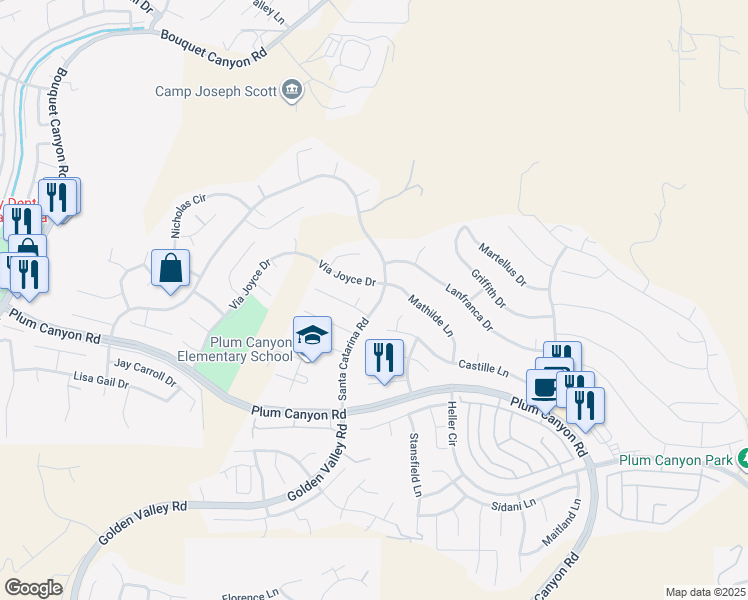 map of restaurants, bars, coffee shops, grocery stores, and more near 28449 Santa Catarina Road in Santa Clarita