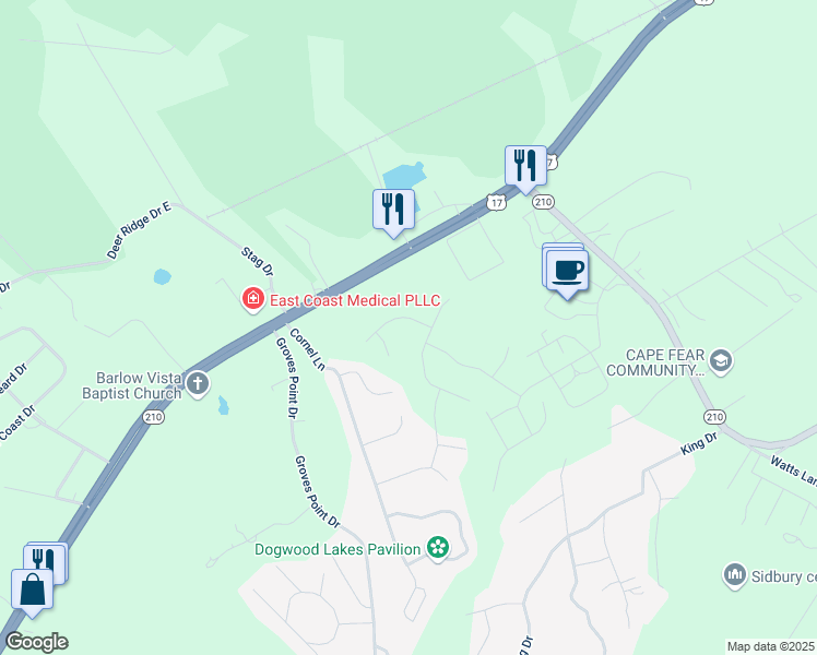 map of restaurants, bars, coffee shops, grocery stores, and more near 105 Paver Lane in Hampstead