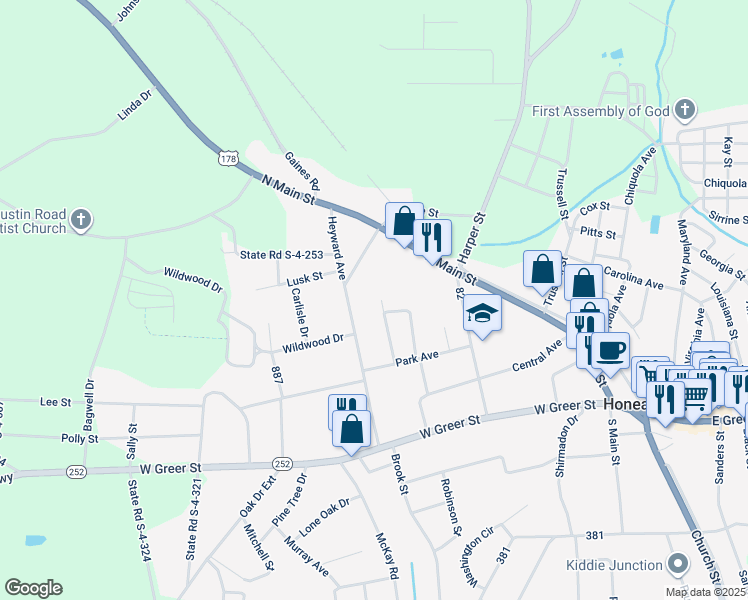 map of restaurants, bars, coffee shops, grocery stores, and more near 107 North Anderson Street in Honea Path