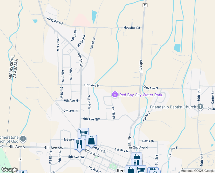 map of restaurants, bars, coffee shops, grocery stores, and more near 106 10th Avenue Northwest in Red Bay