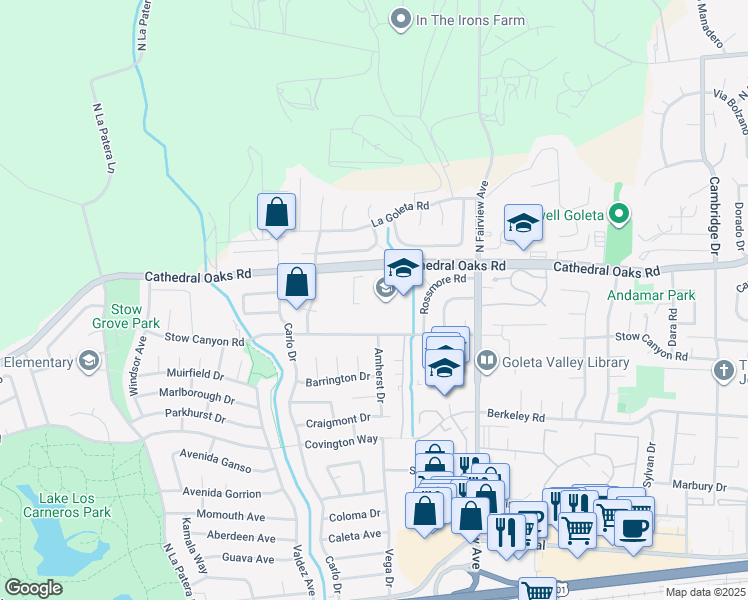 map of restaurants, bars, coffee shops, grocery stores, and more near 6100 Stow Canyon Road in Goleta
