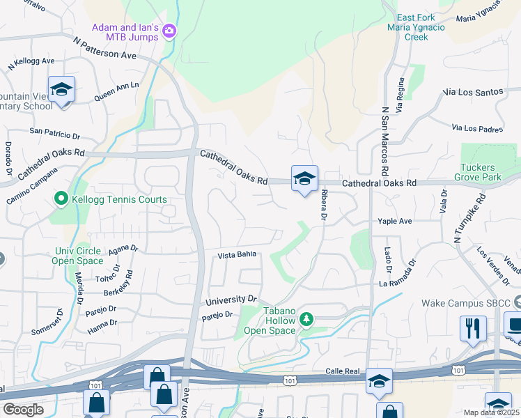 map of restaurants, bars, coffee shops, grocery stores, and more near 5165 Kara Drive in Santa Barbara