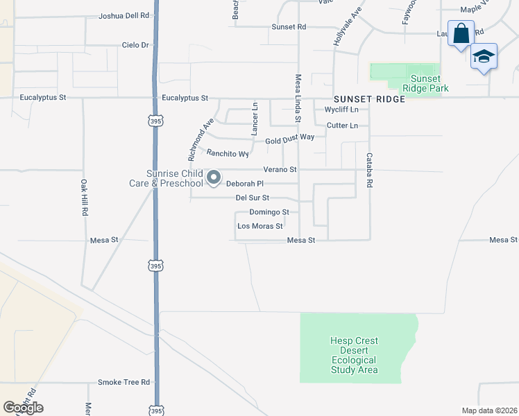 map of restaurants, bars, coffee shops, grocery stores, and more near 12380 Domingo Street in Victorville