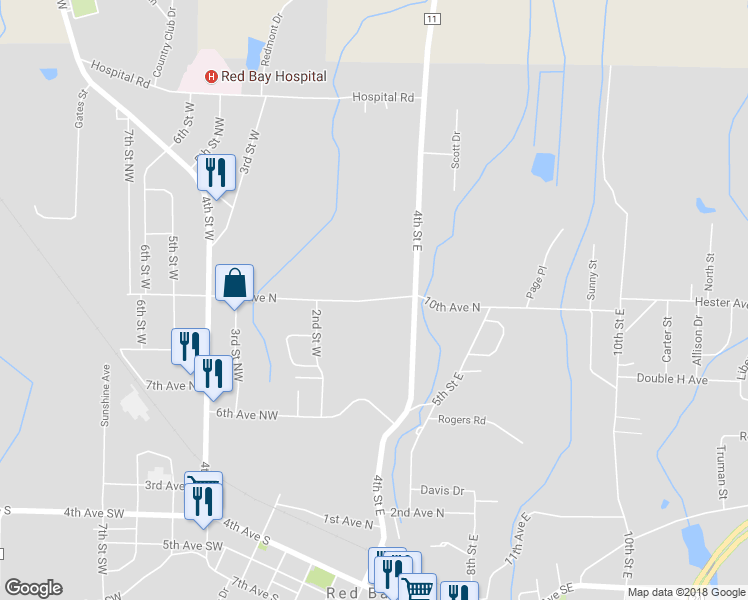 map of restaurants, bars, coffee shops, grocery stores, and more near 10th Avenue North in Red Bay