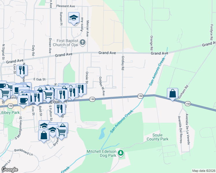 map of restaurants, bars, coffee shops, grocery stores, and more near 1214 Gregory Street in Ojai