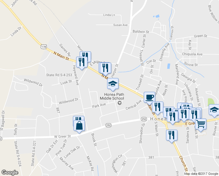 map of restaurants, bars, coffee shops, grocery stores, and more near 8 Brock Avenue in Honea Path