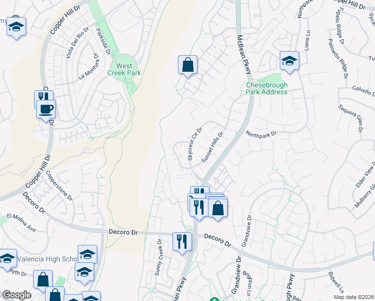 map of restaurants, bars, coffee shops, grocery stores, and more near 27889 Skycrest Circle Drive in Santa Clarita