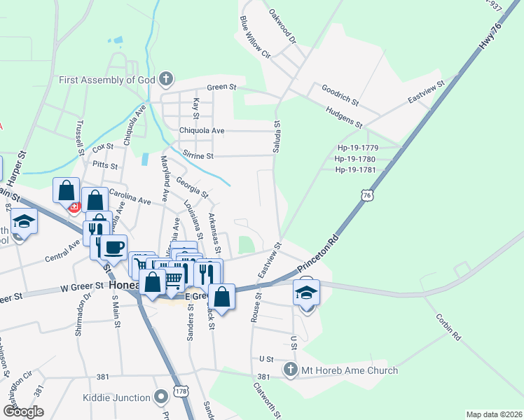map of restaurants, bars, coffee shops, grocery stores, and more near 220 Laurel Court in Honea Path