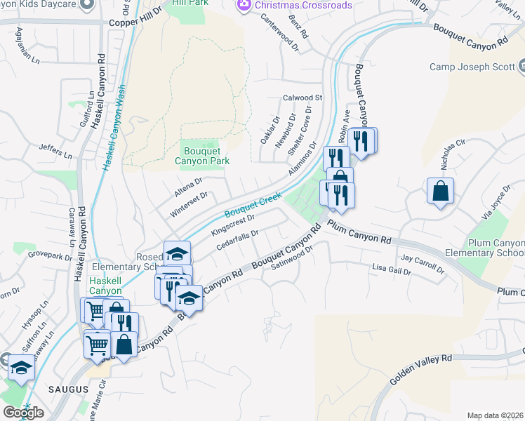 map of restaurants, bars, coffee shops, grocery stores, and more near 20821 Kingscrest Drive in Santa Clarita