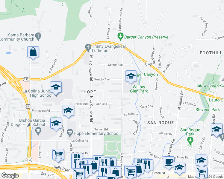 map of restaurants, bars, coffee shops, grocery stores, and more near 3836 Pemm Place in Santa Barbara