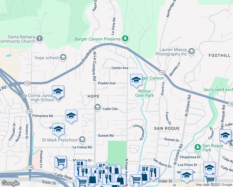 map of restaurants, bars, coffee shops, grocery stores, and more near 3836 Pemm Place in Santa Barbara