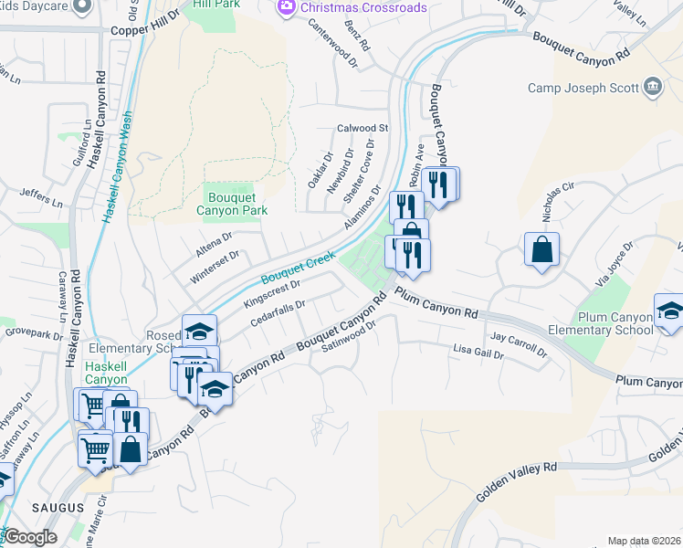 map of restaurants, bars, coffee shops, grocery stores, and more near 20804 Plum Canyon Road in Santa Clarita
