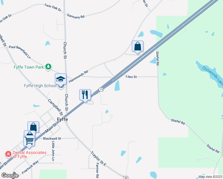 map of restaurants, bars, coffee shops, grocery stores, and more near 465 Main Street in Fyffe