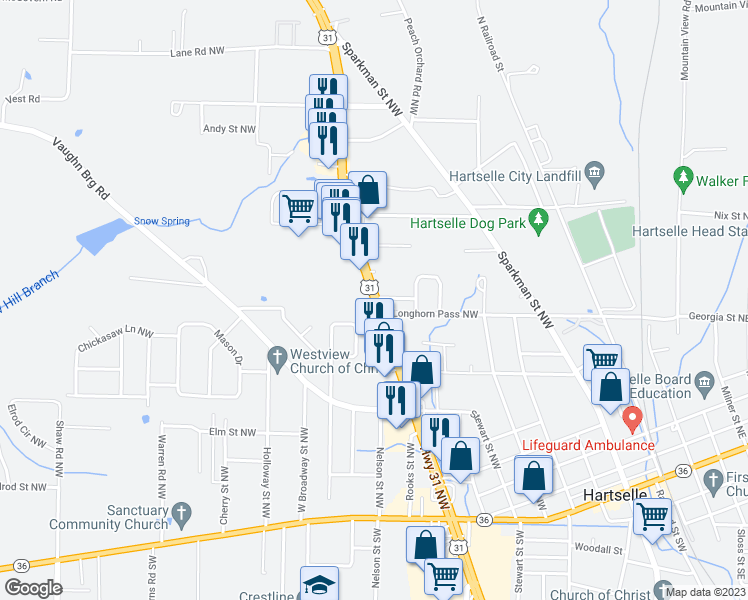 map of restaurants, bars, coffee shops, grocery stores, and more near 927 2nd Avenue in Hartselle