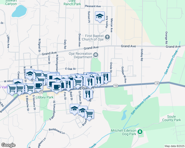 map of restaurants, bars, coffee shops, grocery stores, and more near 908 East Aliso Street in Ojai