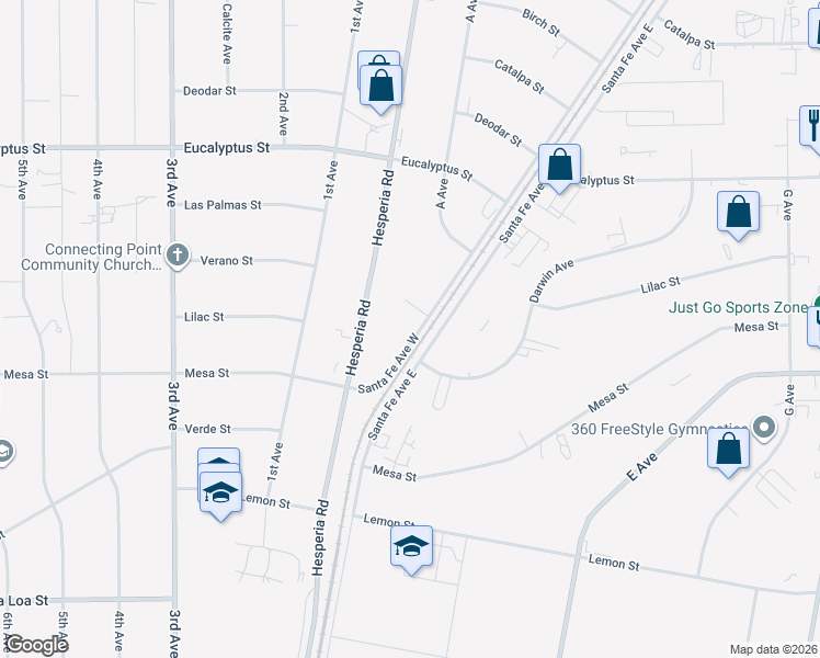 map of restaurants, bars, coffee shops, grocery stores, and more near 10968 Santa Fe Avenue West in Hesperia