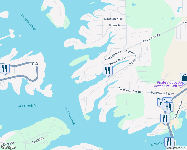 map of restaurants, bars, coffee shops, grocery stores, and more near 1127 Twin Points Road in Garland County