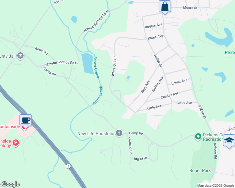 map of restaurants, bars, coffee shops, grocery stores, and more near 70 Sweet Gum Circle in Jasper