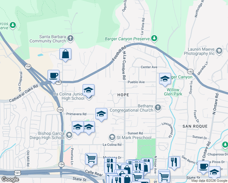map of restaurants, bars, coffee shops, grocery stores, and more near 3936 Harrold Avenue in Santa Barbara