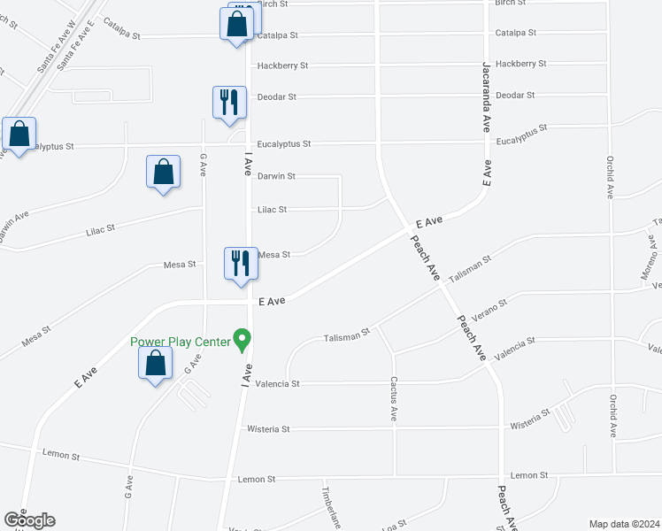 map of restaurants, bars, coffee shops, grocery stores, and more near 10940 E Avenue in Hesperia