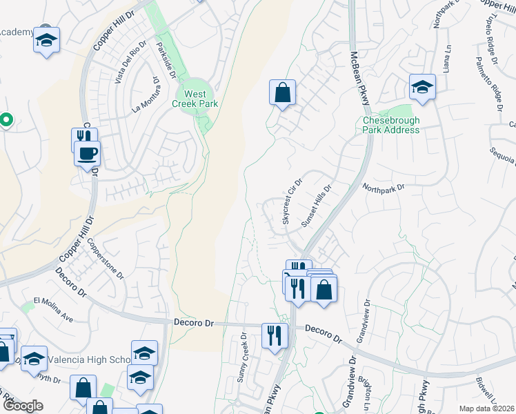map of restaurants, bars, coffee shops, grocery stores, and more near 27929 Crown Court Circle in Santa Clarita
