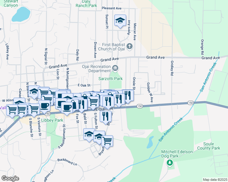 map of restaurants, bars, coffee shops, grocery stores, and more near 908 East Aliso Street in Ojai
