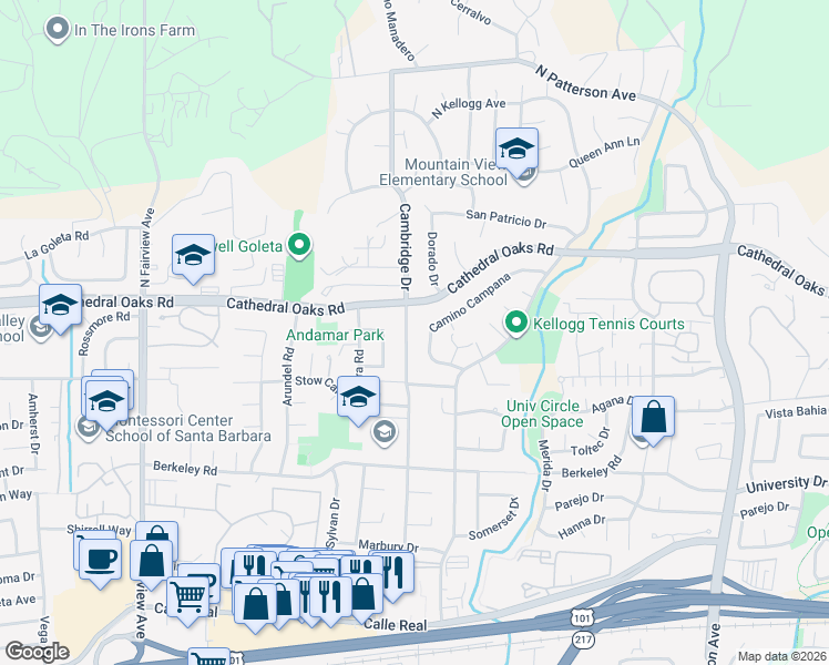 map of restaurants, bars, coffee shops, grocery stores, and more near 664 Cambridge Drive in Goleta