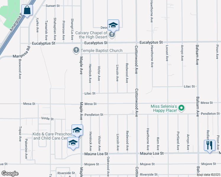 map of restaurants, bars, coffee shops, grocery stores, and more near 11001 Oakwood Avenue in Hesperia