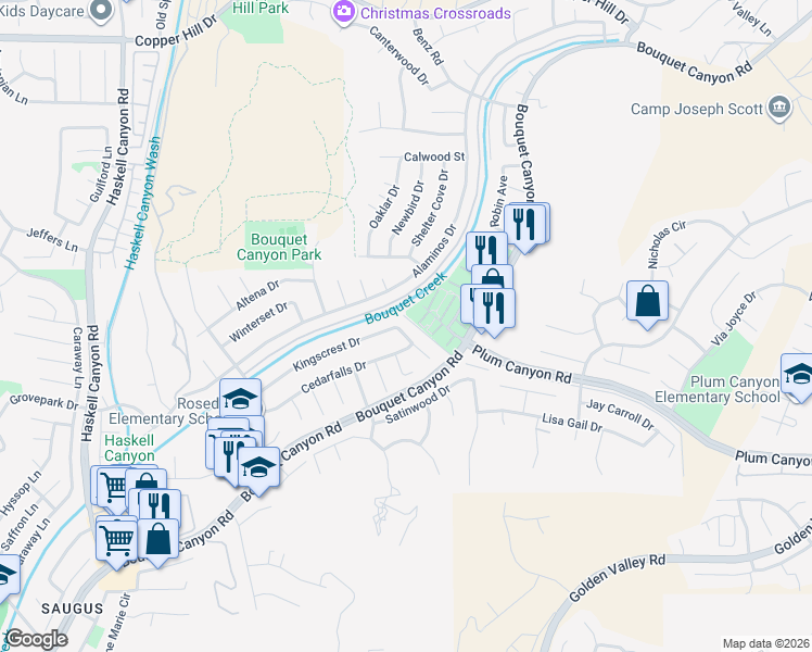 map of restaurants, bars, coffee shops, grocery stores, and more near 27954 Newbird Drive in Santa Clarita